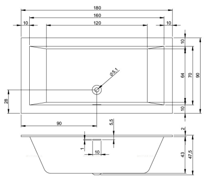 Акриловая ванна  RETHING CUBIC 180x90 R PULG&PLAY RIHO FALL