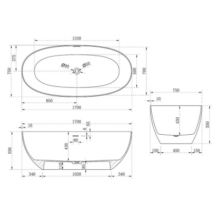 Ванна из искусственного камня Vincea VBT-6S01MW, 1700*750*550, белый мат., слив-перелив в комплекте