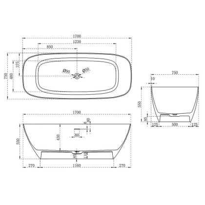 Ванна из искусственного камня Vincea VBT-6S02MW, 1700*720*550, белый мат., слив-перелив в комплекте