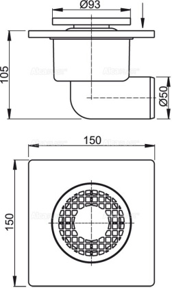 Сливной трап 150×150/50 мм боковой сток, решетка серая, гидрозатвор мокрый