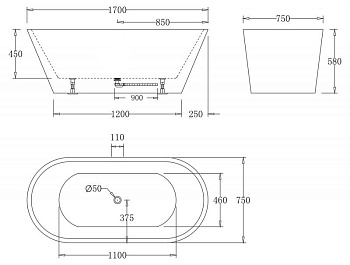 Акриловая ванна без перелива BELBAGNO BB61-1700-W0, 1700х750х600