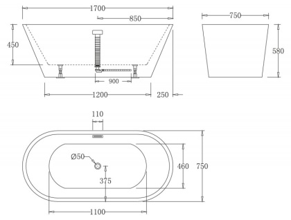 Акриловая ванна без перелива BELBAGNO BB61-1700-W0, 1700х750х600