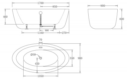 Акриловая ванна BELBAGNO BB67-1700, 1700x900x600