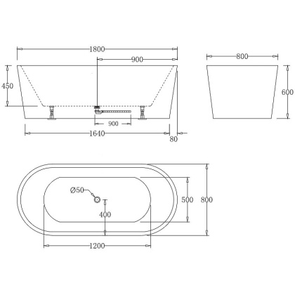 Акриловая ванна без перелива BELBAGNO BB71-1800-W0, 1800x800x600