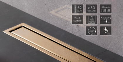 13100054 Линейный трап Confluo Premium Line 750 Gold, двухсторонняя модель Исполнение: Позолота 24К / полая под плитку, рамка - позолота 24К 