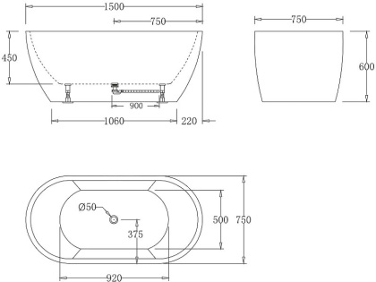 Акриловая ванна без перелива BELBAGNO BB70-1500-W0, 1500x750x570