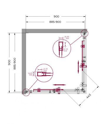 MARINO-A-2-90-C-CR Душевой уголок, Условный размер, мм:900x900x1950 Габариты с диапазоном регулировок, мм:(885-900)х(885-900)x1950 