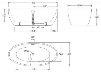 Акриловая ванна без перелива BELBAGNO BB69-1700-W0, 1700x820x600
