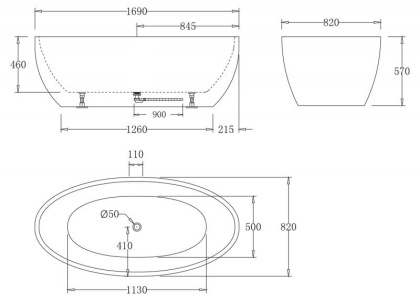 Акриловая ванна без перелива BELBAGNO BB69-1700-W0, 1700x820x600