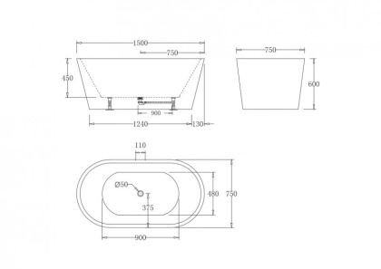Акриловая ванна без перелива BELBAGNO BB71-1700-W0, 1700x800x600