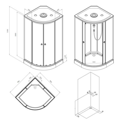 W94C-401-100BT X-Joy кабина душевая  100x100, 1/4 круга,  профиль мат.черный, стекло прозрачное