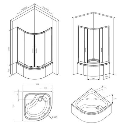 W90G-401A090BT Душевое ограждение Gem Deep 1/4 Rond 90x90 стекло прозрачное, профиль черный матовый,