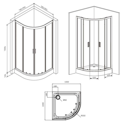 W90G-401-100BT Душевое ограждение Gem 1/4 Rond 100x100 стекло прозрачное, профиль черный матовый, бе