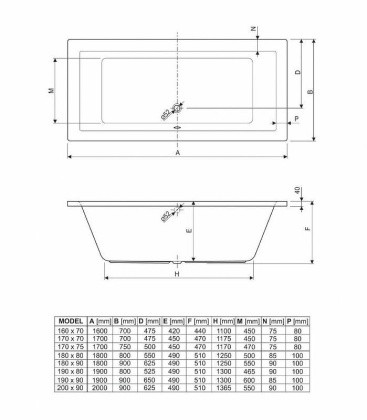 Акриловая ванна CEZARES PLANE-200-90-49-W37, 200x90x49