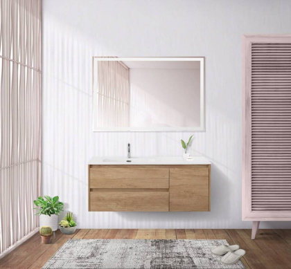 Тумба с раковиной подвесная с двумя ящиками и одной дверцей BelBagno KRAFT 100 Rovere Nebrasca Nature левая, раковина белая