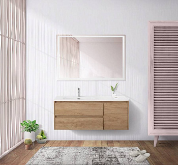 Тумба с раковиной подвесная с двумя ящиками и одной дверцей BelBagno KRAFT 100 Rovere Nebrasca Nature левая, раковина белая