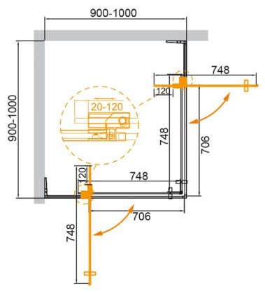 SLIDER-A-2-80/90-C-BORO Душевой уголок, Условный размер, мм:(800-900)x(800-900)x1950 Габариты с диапазоном регулировок, мм:(800-900)x(800-900)x1950 