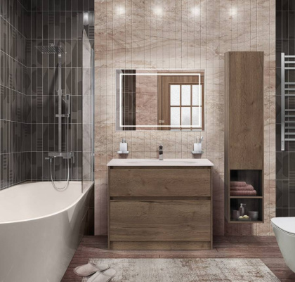 Тумба со стеклянной матовой раковиной напольная BelBagno KRAFT 80 Rovere Tabacco, раковина белая