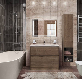Тумба со стеклянной матовой раковиной напольная BelBagno KRAFT 80 Rovere Tabacco, раковина белая
