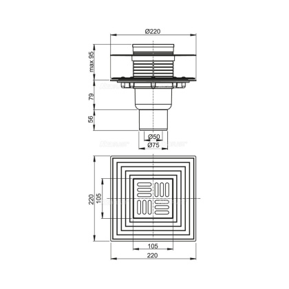 Сливной трап 105×105/50/75 мм прямой сток, решетка из нержавеющей стали, фланец из нержавеющей стали, воротник изоляции 2–го уровня, гидрозатвор сухой и мокрый